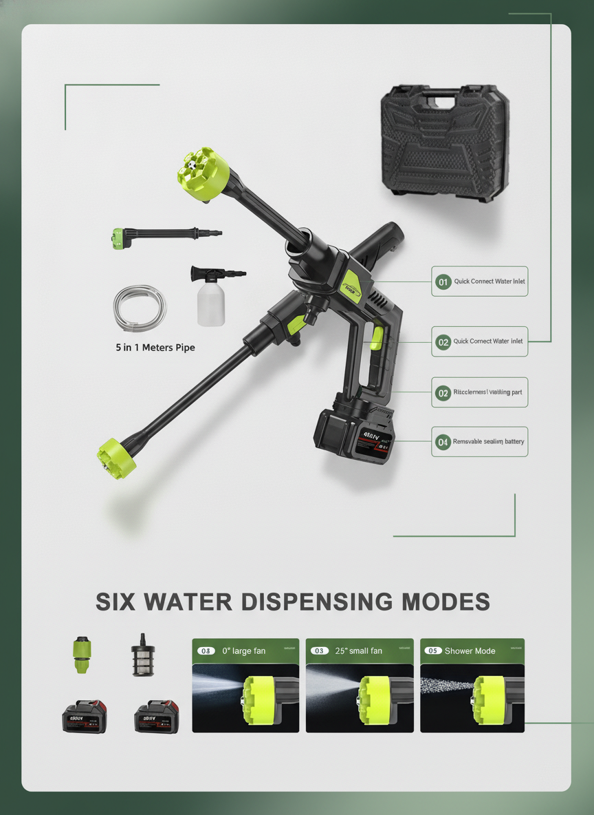 Flat-lay of a 24V cordless portable car cleaning gun with its lithium battery and accessories on a bright white surface with 