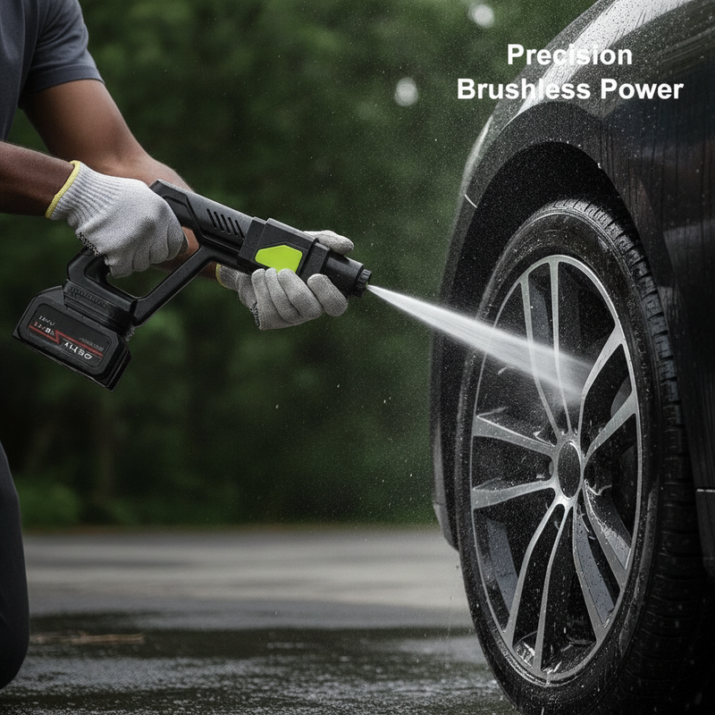 A person uses the VARENO 24V Cordless Portable Wireless Car Cleaning Gun Machine to precisely clean a luxury car wheel, demon