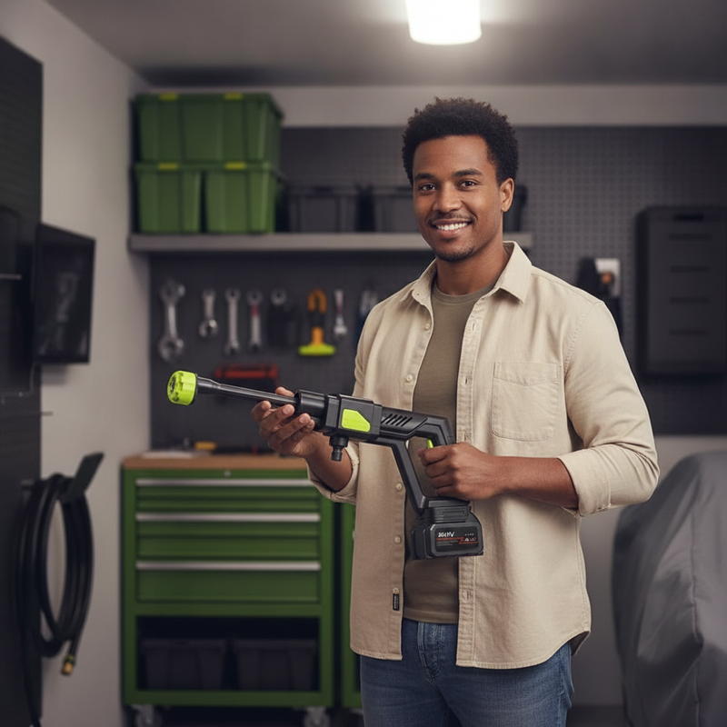 Person holding the VARENO cordless car cleaning gun, neatly stored in a compact garage space.
