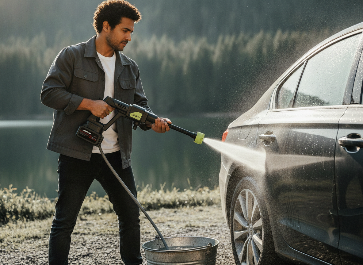 Person using a cordless car cleaning gun with its hose submerged in a bucket of water next to a car, demonstrating portabilit