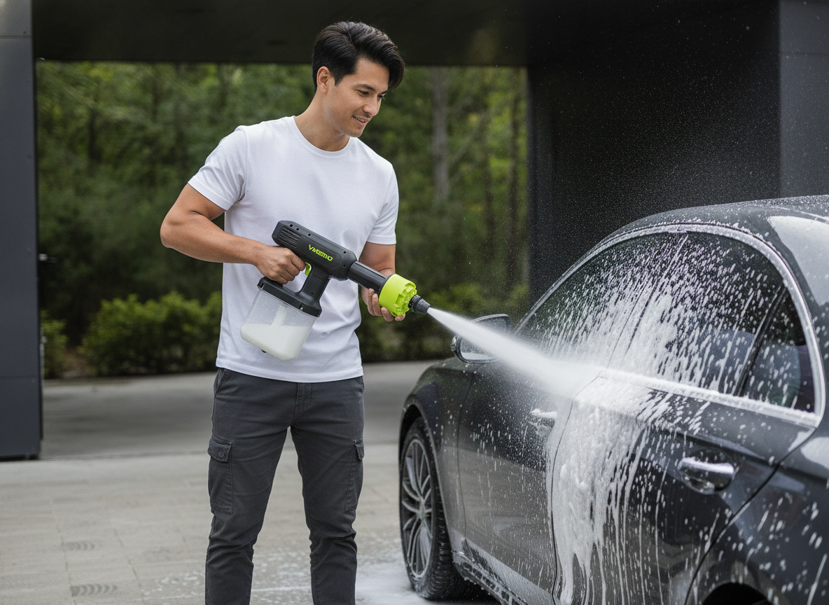 A diverse person uses a VARENO cordless car cleaning gun with a foam cannon to apply thick snow foam to a dark car on a drive